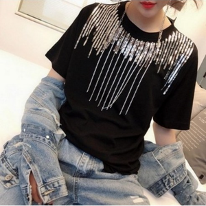 로미홀리 여성 여름 반팔 티셔츠 캐주얼 빤짝이 스팽글 반소매 267 Ttaj8b